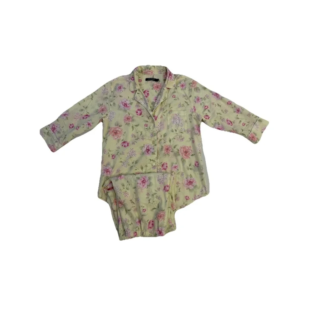 Lauren Ralph Lauren Pajama Set Womens M Yellow Floral Cotton Embroidered‎ Logo
